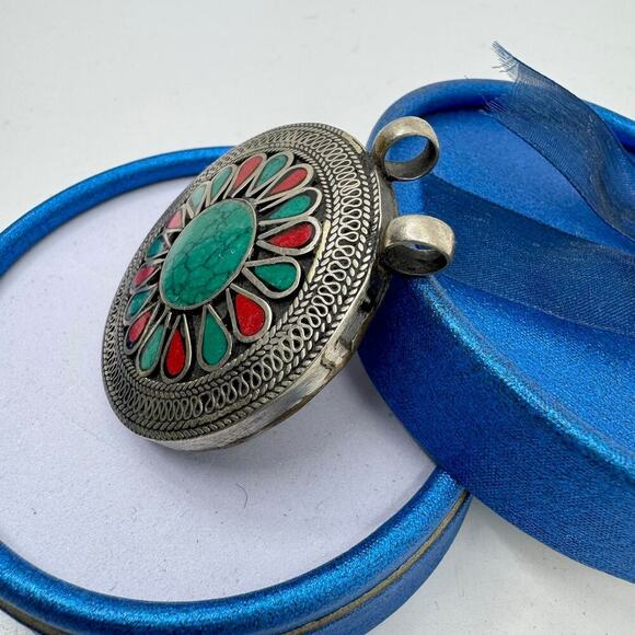 Antique Tibetan Large Handmade Turquoise and Sterling Silver Pendant - Picture 4 of 7